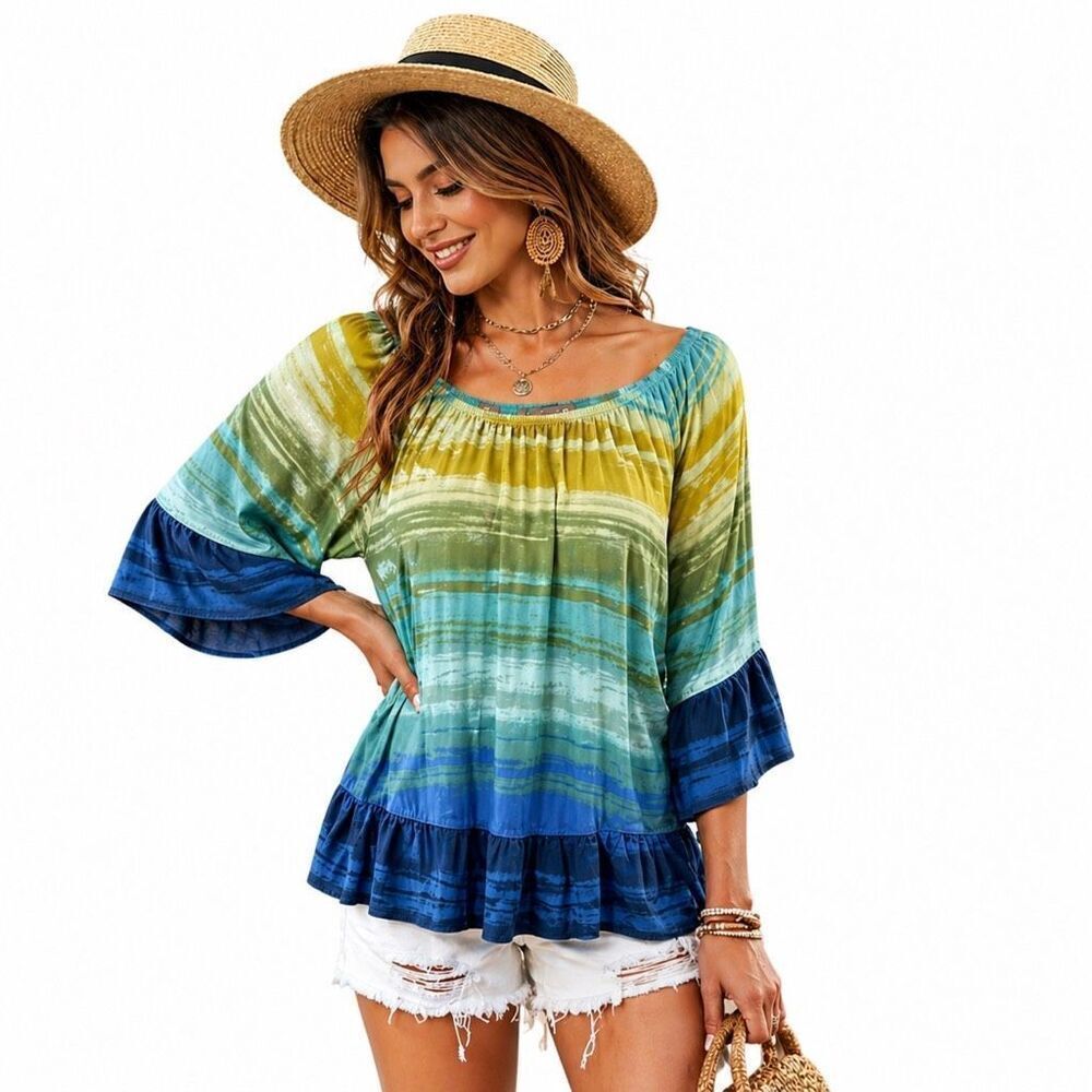 Style & Co ON OFF Knit Boho Peasant Top Medium Faded Turquoise Ruffle NWT